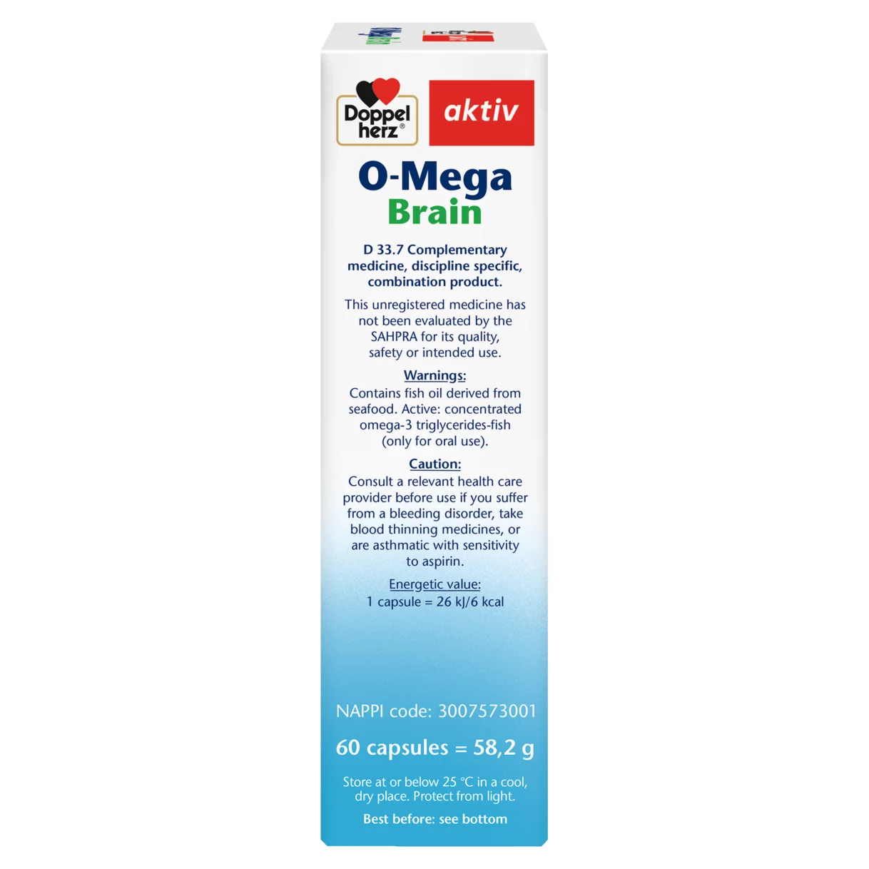 Illustration of the product packaging Doppelherz aktiv O-Mega Brain side view right